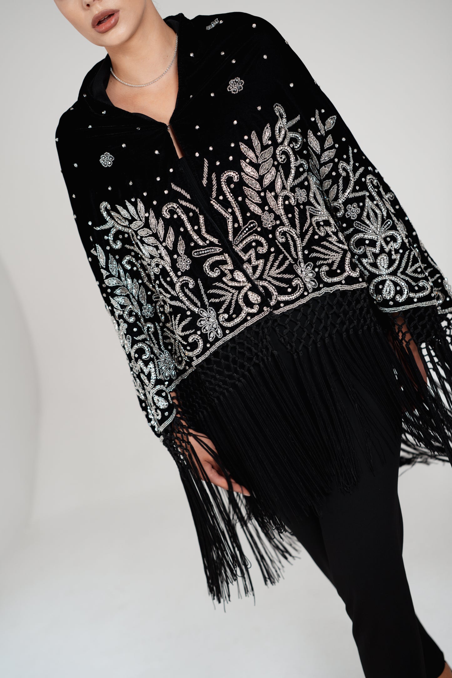 LAYALI VELVET SEQUIN TASSEL SHAWL
