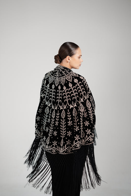 NOIR VELVET SEQUIN TASSEL SHAWL