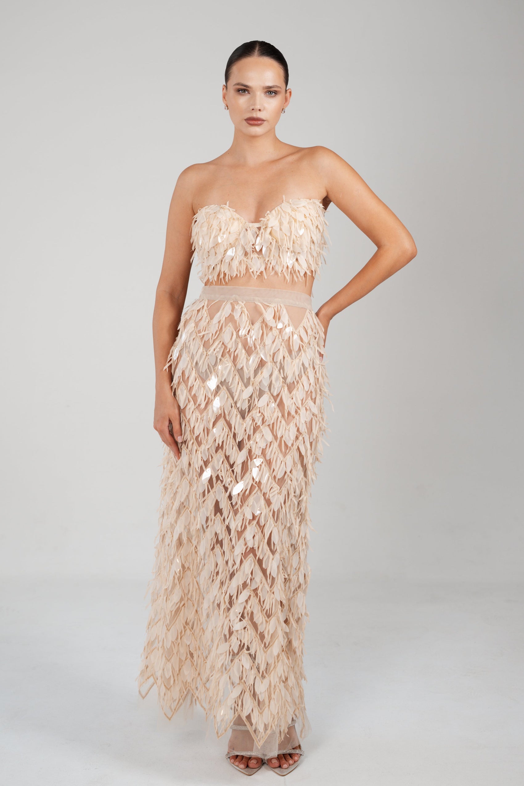 NUDE TWO PIECE BIRD SKIRT AND CROP TOP