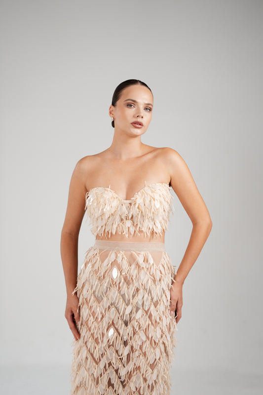 NUDE TWO PIECE BIRD SKIRT AND CROP TOP