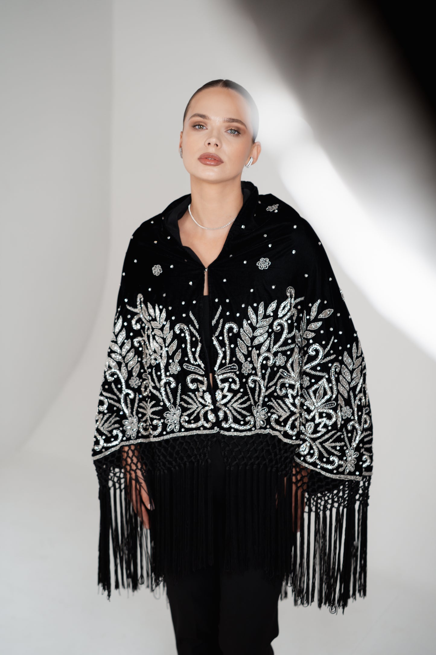 LAYALI VELVET SEQUIN TASSEL SHAWL