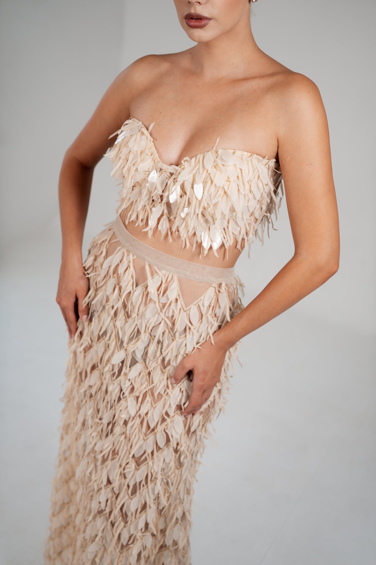 NUDE TWO PIECE BIRD SKIRT AND CROP TOP